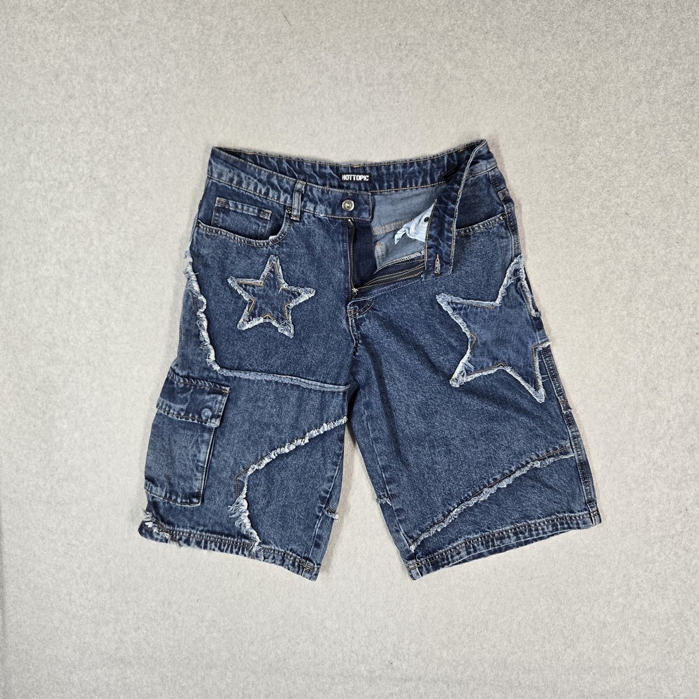 Hot Topic Women Shorts 5 Blue Denim Cargo Stars Grunge Y2K Baggy Fringe
